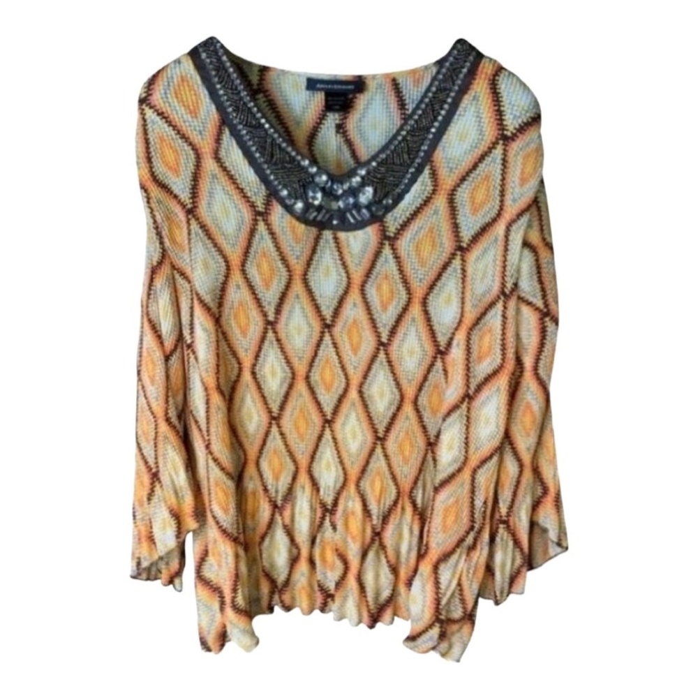 Ashley Stewart Blouse Top 12W Multicolor Tunic Beaded Aztec Ikat Boho Crinkled